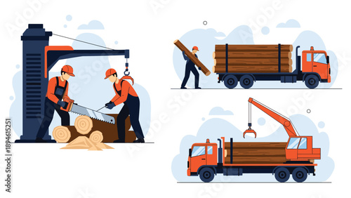Set of vector illustrations depicting the complete logging industry process, from lumberjacks sawing wood to loading and transporting felled timber by truck.