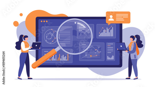 Two female analysts with laptops examine complex data on a large digital dashboard through a magnifying glass, symbolizing business intelligence and market research.
