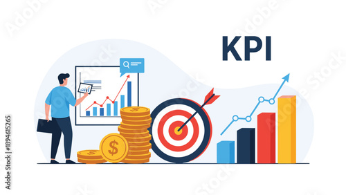 Businessman analyzing a growing chart next to a target and gold coins, illustrating the concept of key performance indicators and achieving business goals.