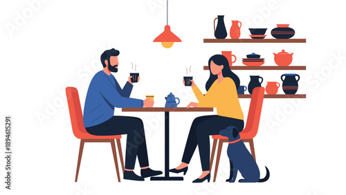 A man and woman sit at a table enjoying hot beverages in a cozy cafe or home setting, with their loyal dog sitting quietly beside the woman.