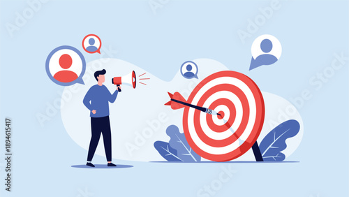 A marketer with a megaphone targets a specific audience, represented by user icons near a large target with an arrow, symbolizing a successful marketing strategy.