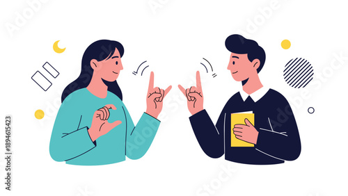 A young man and woman are having a conversation using sign language, representing communication, inclusivity, and the deaf and hard of hearing community.