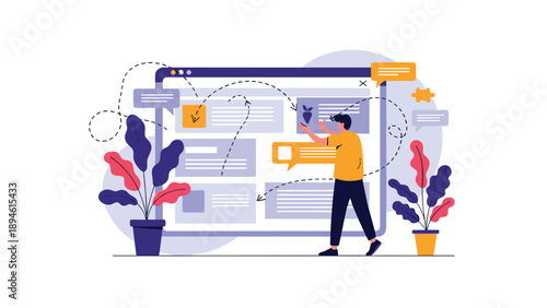 A male designer arranges content blocks on a large web browser window, mapping out a user journey and illustrating the process of UX/UI website design.