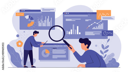 Two male analysts collaborate on data analysis, examining various charts and graphs on digital dashboards using a laptop and a large magnifying glass.