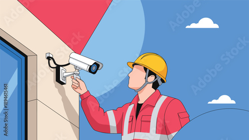 A professional technician wearing a hard hat and uniform is carefully installing a CCTV security camera on the exterior wall of a building for surveillance.