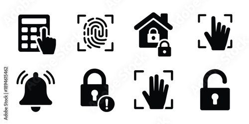 Security systems excellent icon set including keypad entry, fingerprint authentication, home lock, gesture control, alert notifications, broken lock, biometric hand scan, and unlocked access vector