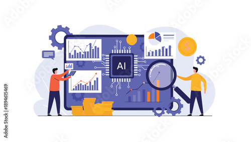 Two analysts leverage artificial intelligence for business analytics, examining financial charts and data on a large screen with an AI processor at its core.