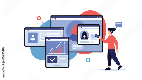 A woman uses her smartphone to manage her digital presence across multiple responsive screens, including user profiles, analytics, and websites on various devices.