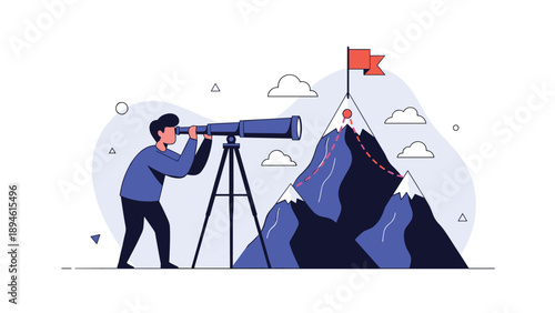 A man looks through a telescope at a flag on a distant mountain peak, symbolizing business vision, setting goals, and long-term strategy.