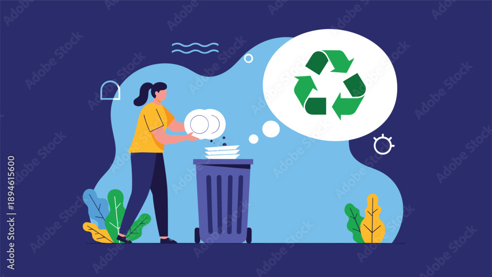Naklejka premium A woman puts plates into a trash bin while a thought bubble shows the recycling symbol, illustrating the concept of proper waste sorting and environmental care.