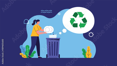 A woman puts plates into a trash bin while a thought bubble shows the recycling symbol, illustrating the concept of proper waste sorting and environmental care.