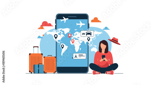 A woman with luggage uses her smartphone to plan and book a trip, with a world map and travel icons shown on a larger screen.