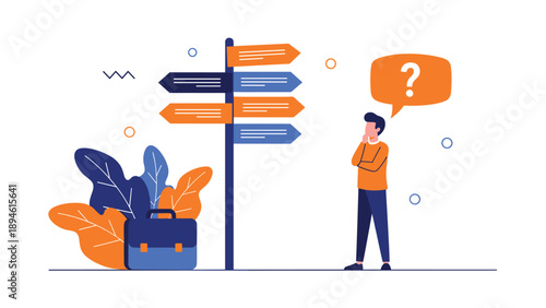 A confused businessman with a briefcase stands before a multi-directional signpost, contemplating his career path and making a difficult choice.