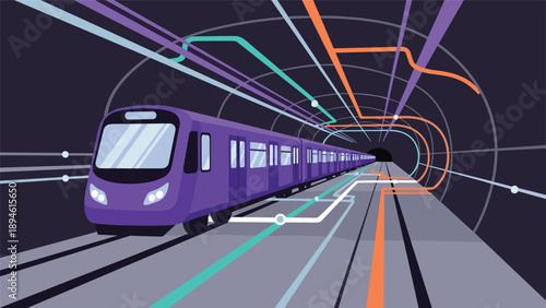 A modern subway train travels through a dark tunnel illuminated by colorful digital lines representing a metro map or data network.