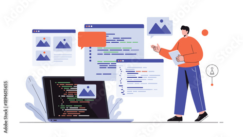 A male web developer or programmer presents his work, explaining the code and design layouts displayed on multiple floating browser windows.