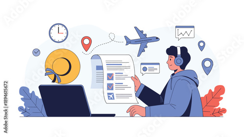 A young man with headphones plans his vacation using a laptop, reviewing a travel checklist with an airplane and location pins nearby.