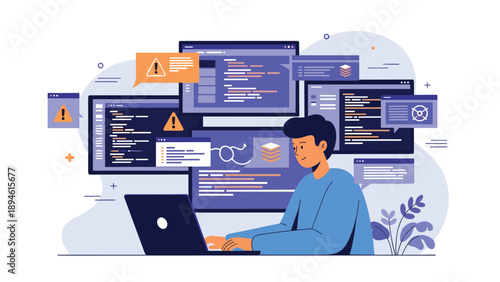 A happy male programmer works on his laptop, multitasking with multiple monitors displaying code, errors, and debugging information.