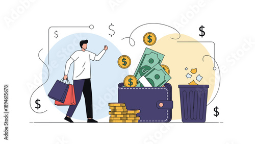 A man carrying shopping bags walks away as money flies from his wallet into a trash can, symbolizing overspending, consumerism, and financial waste.