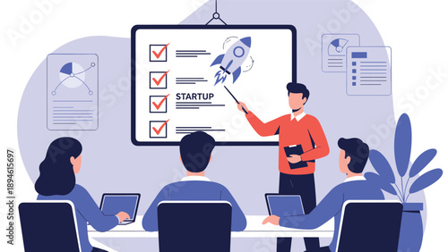 A business leader presents a startup launch plan to his team, pointing to a checklist with a rocket icon on the presentation screen.