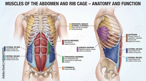 Detailed Anatomical Illustration of Abdomen Muscles and Rib Cage Showing Names and Functions