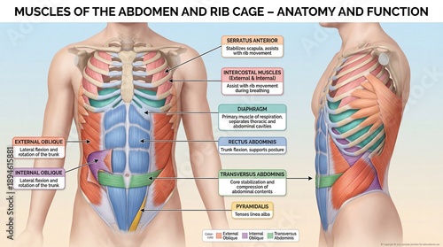 Detailed Anatomical Illustration of Muscles in the Abdomen and Rib Cage with Labels