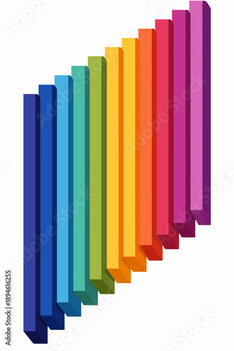 Colorful 3d rainbow bars aligned in gradient order on white background