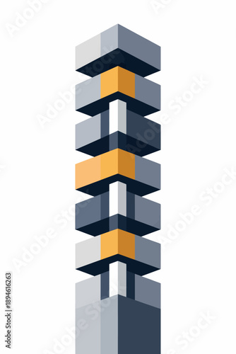 Modern architectural structure with stacked geometric shapes and orange accents