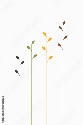 Minimalist plant stems with color gradient leafs on white background