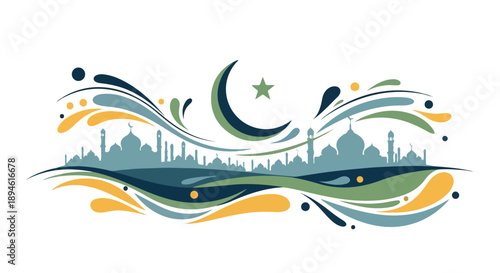 Illustration of a mosque skyline with a crescent moon and star, surrounded by swirling green, blue, and yellow lines on a white background.