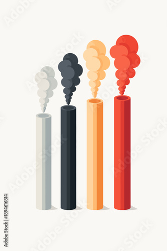 Colored smokestacks emitting vibrant smoke in minimalistic design