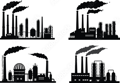 Collection of industrial factory silhouettes, chimneys emitting smoke, power plants, oil refineries, pollution concept, energy production, black icons.