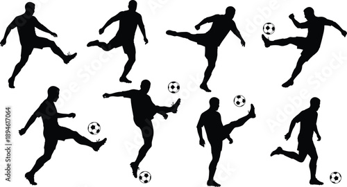 Soccer player kicking ball silhouette, male football athlete action pose, sports figure illustration, footballer motion vector, kicking posture template, sports dynamic movement art