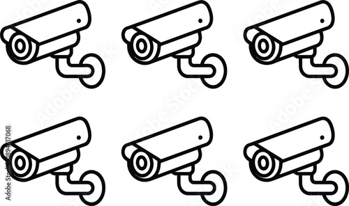 CCTV security cameras icons, surveillance camera illustrations, black and white security cameras, monitoring system graphics, video surveillance symbols, camera icons set