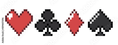 Pixelated red heart, black club, red diamond, and black spade card suits in pixel art style, isolated on white background, retro gaming and digital illustration.