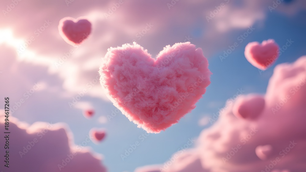 Obraz premium Close up fluffy pink heart shapes float in a soft blue sky
