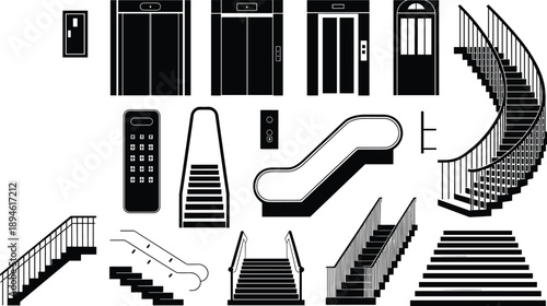 Collection of black elevator doors, staircases, escalator, spiral stairs, interior building architecture, vertical transportation symbols, modern access control, vector design set