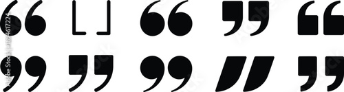 Collection of black quotation marks symbols, various quote styles, punctuation marks, typographic icons, speech marks, design elements, vector graphics