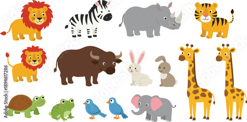 Collection of cute cartoon wild animals, jungle safari animals, colorful vector illustration for children, educational wildlife learning concept