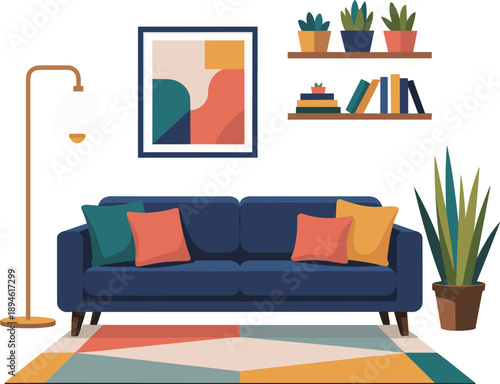 Modern interior of the living with furniture: sofa books flowers floor lamp pictures vector on white background.