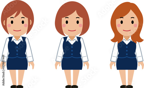 両手を下ろし、すまし顔のネイビー事務服の若い女性