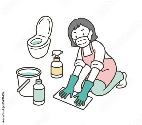 トイレ掃除をして除菌対策をする主婦の全身イラスト
