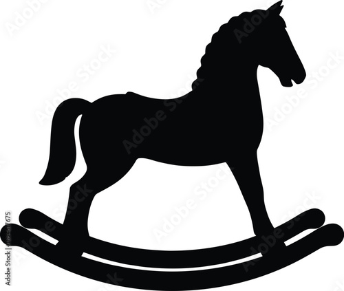 Minimal vector silhouette, vintage rocking horse toy with curved base, solid black, isolated on white.