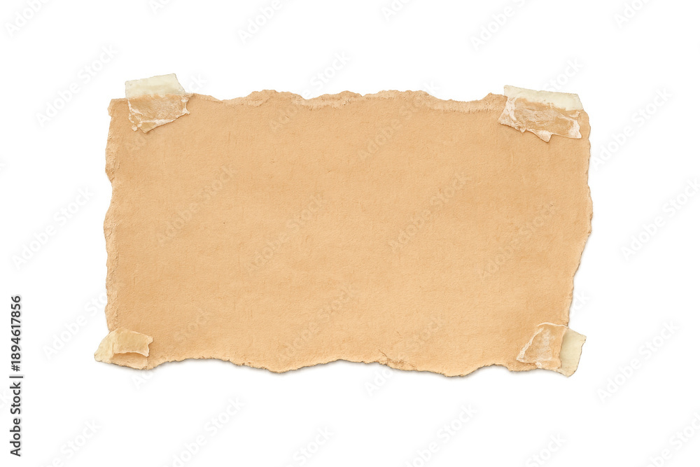 Fototapeta premium Torn sheet of aged paper with rough, ripped edges and wrinkles, fastened by pieces of adhesive tape. Transparent background
