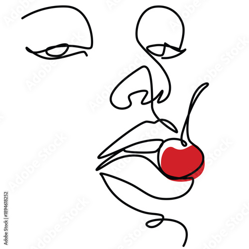 Red cherry lies on mouth of young female one line drawing. Red cherry lies on mouth of young female single line illustration. Red cherry lies on mouth of young female minimalist line art