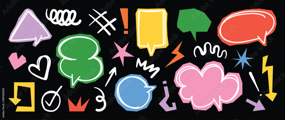 Fototapeta premium Hand drawn colorful speech bubble sticker vector set with neon chat icons, comic shapes and lightning marks on black background. Fun design elements for posters and banners.