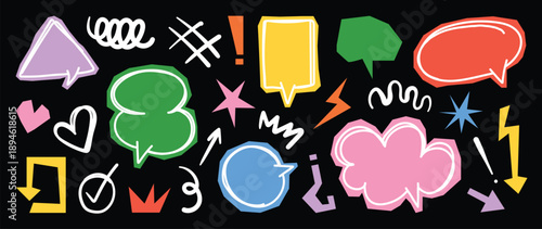 Hand drawn colorful speech bubble sticker vector set with neon chat icons, comic shapes and lightning marks on black background. Fun design elements for posters and banners.