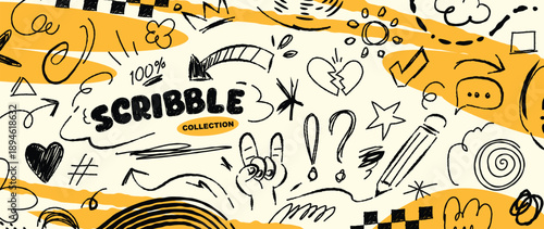 Hand drawn yellow and black doodle vector set with comic scribbles, hand signs, exclamation marks and sticker elements. Bold design elements for posters, banners and social media.