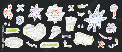 Hand drawn chalk doodle sticker vector set with black background and white pencil scribbles, labels, badges and comic marks. Creative design elements for posters and branding.