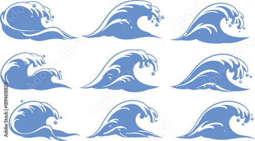 A collection of nine blue wave graphics on a white background