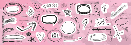 Hand drawn pencil scribble vector set with gray sketch marks on pastel pink background, circles, highlights and doodle icons. Cute design elements for headers and social media.